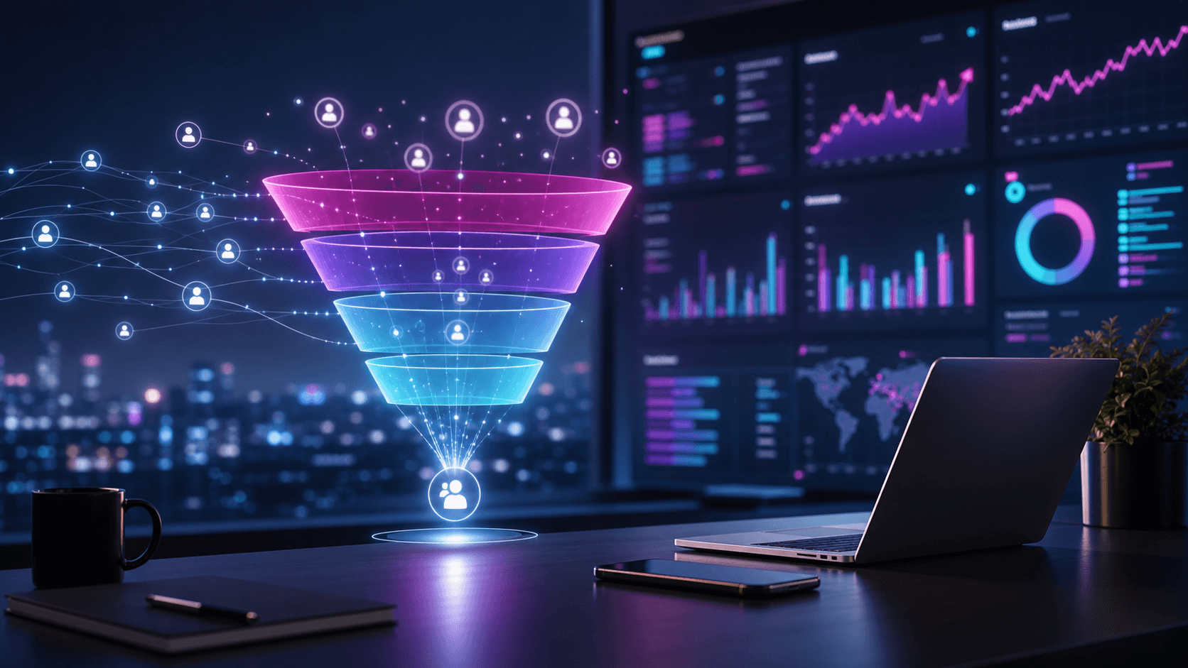 AI marketing funnel visualization with customer journey nodes and analytics dashboards