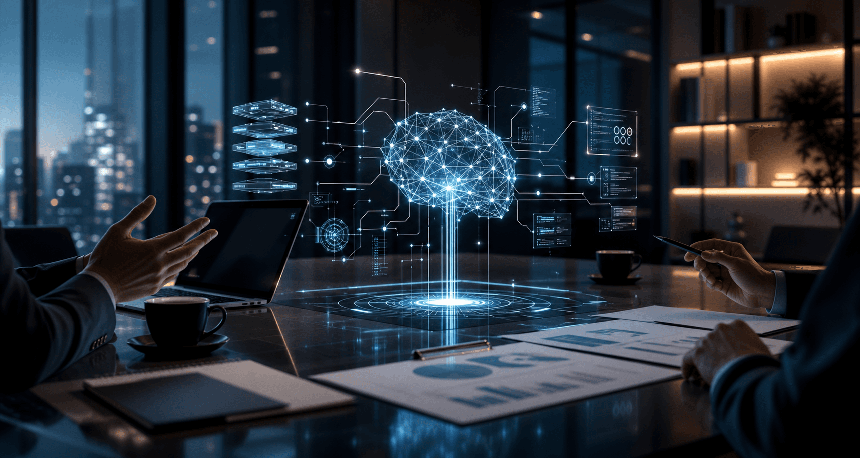 Executive boardroom with holographic AI model architecture above strategy documents