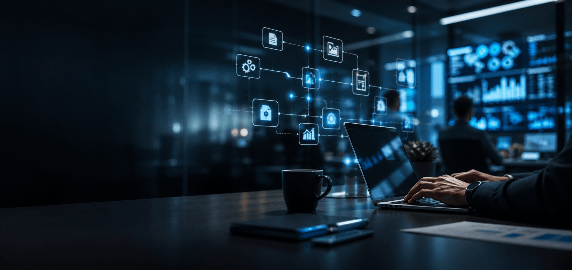 Modern operations center with AI workflow automation interfaces above a laptop