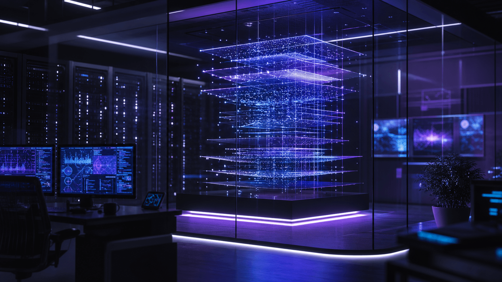 Secure enterprise AI lab with glowing model layers and server infrastructure