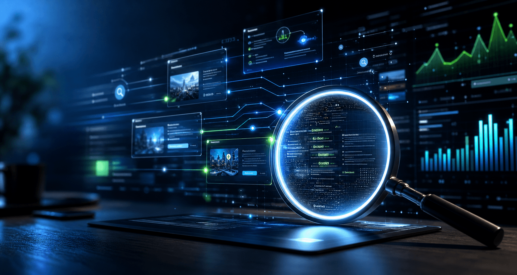 Futuristic search analytics interface with illuminated magnifying glass and growth charts
